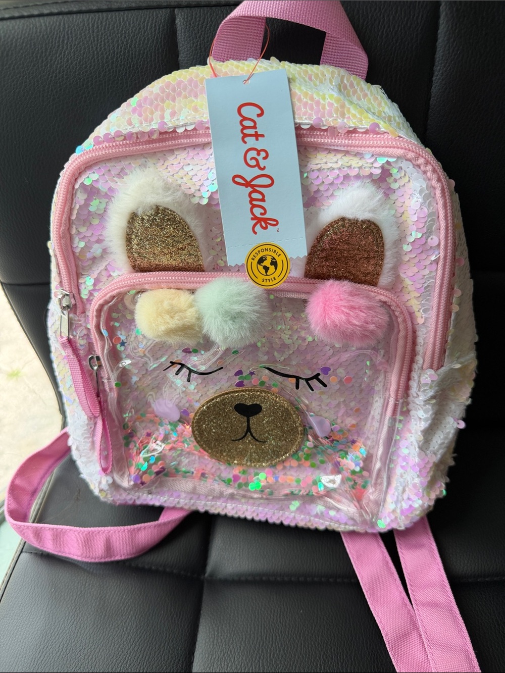 Cat & Jack Pink Sequin Animal Mini Backpack with Pom-Poms